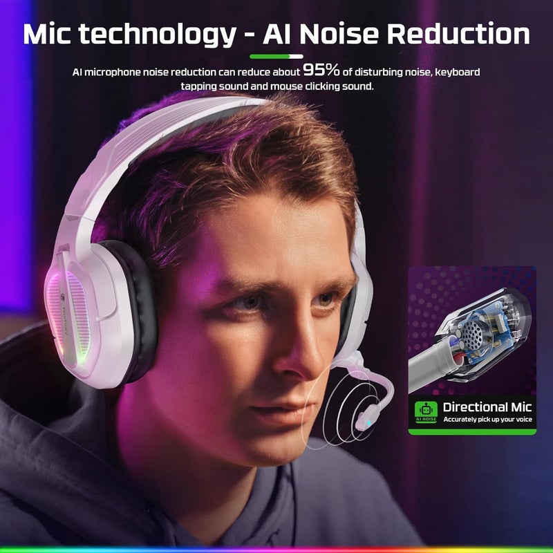 Fachixy سماعة ألعاب FC200 مع ميكروفون لجهاز PS4 و PS5 و Switch و Xbox و Mac و PC سماعات ألعاب مع ميكروفون، سماعة لاعب مع إضاءة RGB - أبيض-أسود - Image 3